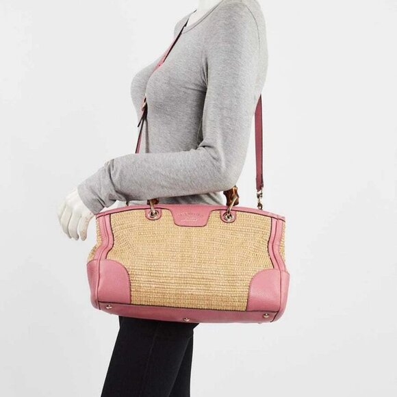 Gucci Natural Woven Straw and Pink Leather Medium Bamboo Shopper Tote Bag - Picture 12 of 12